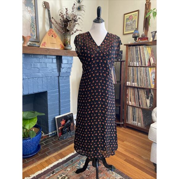 VTG 90s Y2k April Cornell S Rayon Floral Prairie Babydoll Slip Dress Sheer Beads - Picture 1 of 16